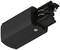Czarny elektryczny adapter przyłączeniowy z śrubami i dwoma szynami, odpowiedni do systemów oświetlenia szynowego.