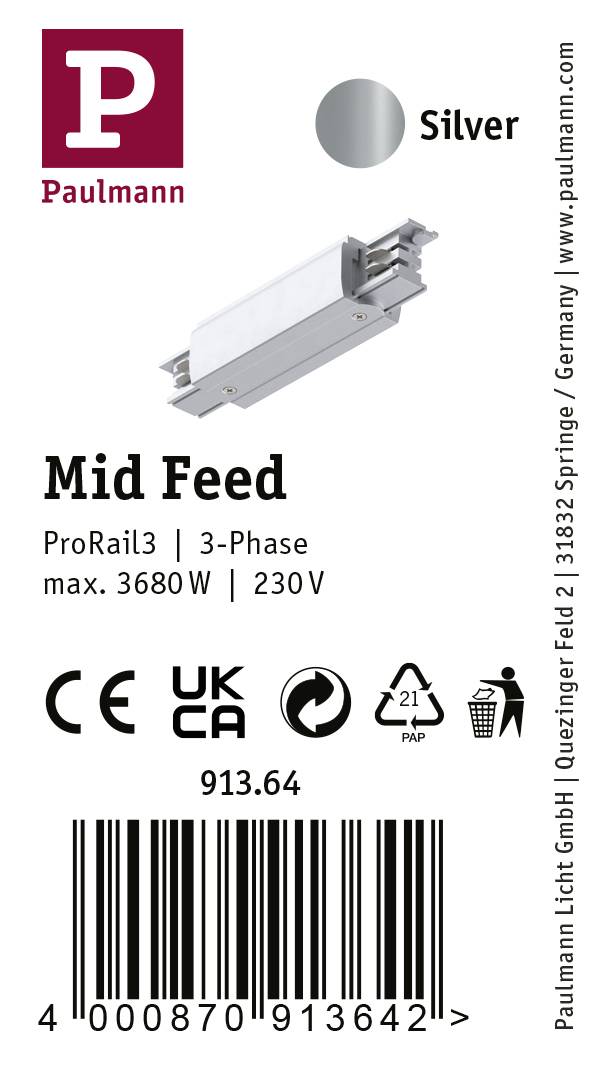 'Zasilanie nadrzędne ProRail3 Mid Feed, 3-fazowe, maks. 3680W, 230V, kolor srebrny. Logo Paulmann, oznaczenie CE i UKCA, numer artykułu 913.64.'