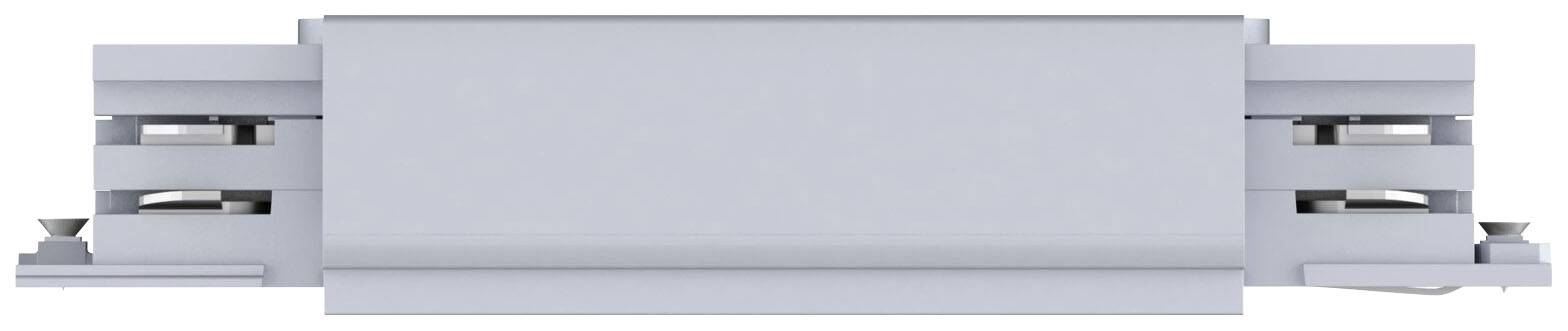 Srebrny, prostokątny złącz elektryczny z bocznymi przyłączami, przeznaczony do szyn montażowych w instalacjach elektrycznych.