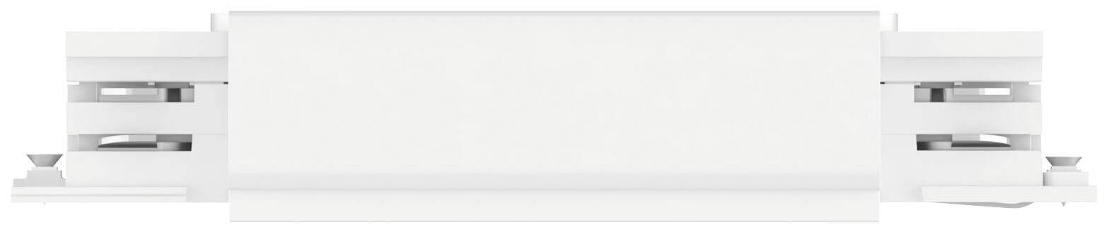 Biały, prostokątny sterownik LED o symetrycznym projekcie, z dwoma bocznymi zaciskami przyłączeniowymi i gładką, prostą obudową.