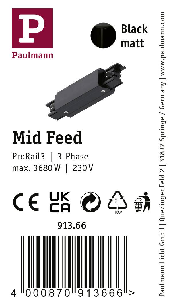 Adapter ProRail3 Mid Feed firmy Paulmann w kolorze czarnym do szyny trójfazowej, maks. 3680W, 230V. Posiada certyfikaty CE i UKCA.