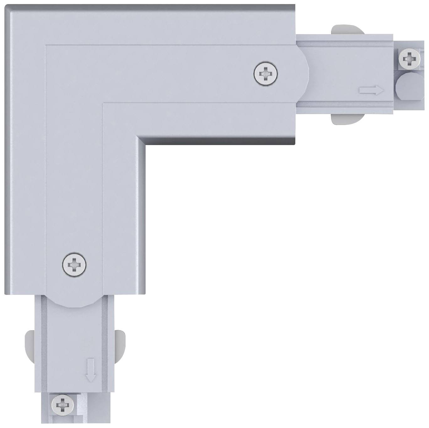 Szary, kształtu litery L system szynowy do oświetlenia, wyposażony w śruby w narożnikach i strzałki wskazujące kierunek ustawienia.