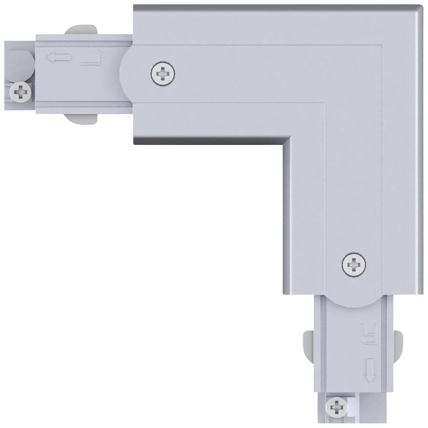 Szary, kątowy (w kształcie litery L) elektryczny złącz z śrubami, odpowiedni do budowy prostokątnych konstrukcji szyn świetlnych.