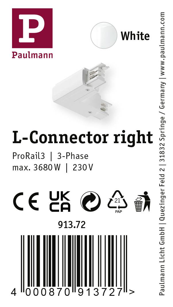 Logo Paulmann w lewym górnym rogu. Ilustracja białego złącza L. Tekst: 'Złącze L prawe, ProRail3, 3-fazowe, maks. 3680W, 230V'. Kod kreskowy i dane adresowe firmy Paulmann Licht GmbH.