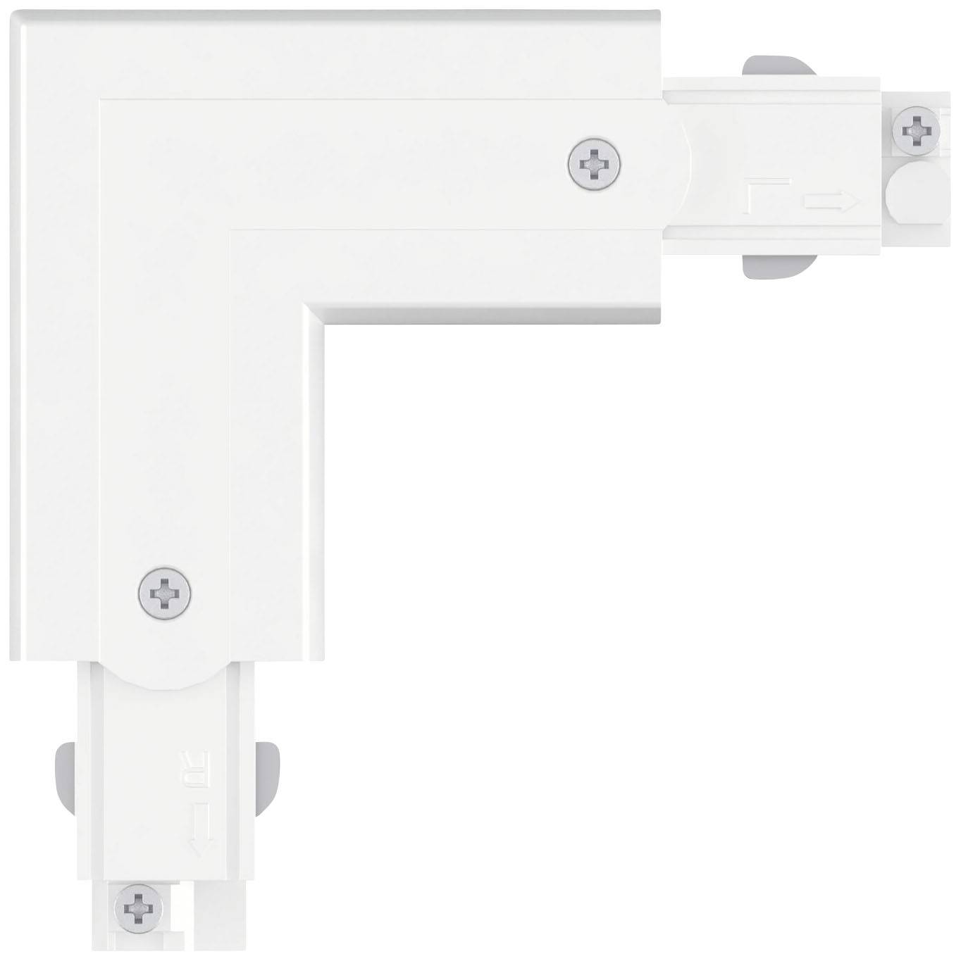 Biała złączka narożna do trójfazowego systemu szyn prądowych, przedstawiająca szczegóły śrub i możliwości podłączenia.