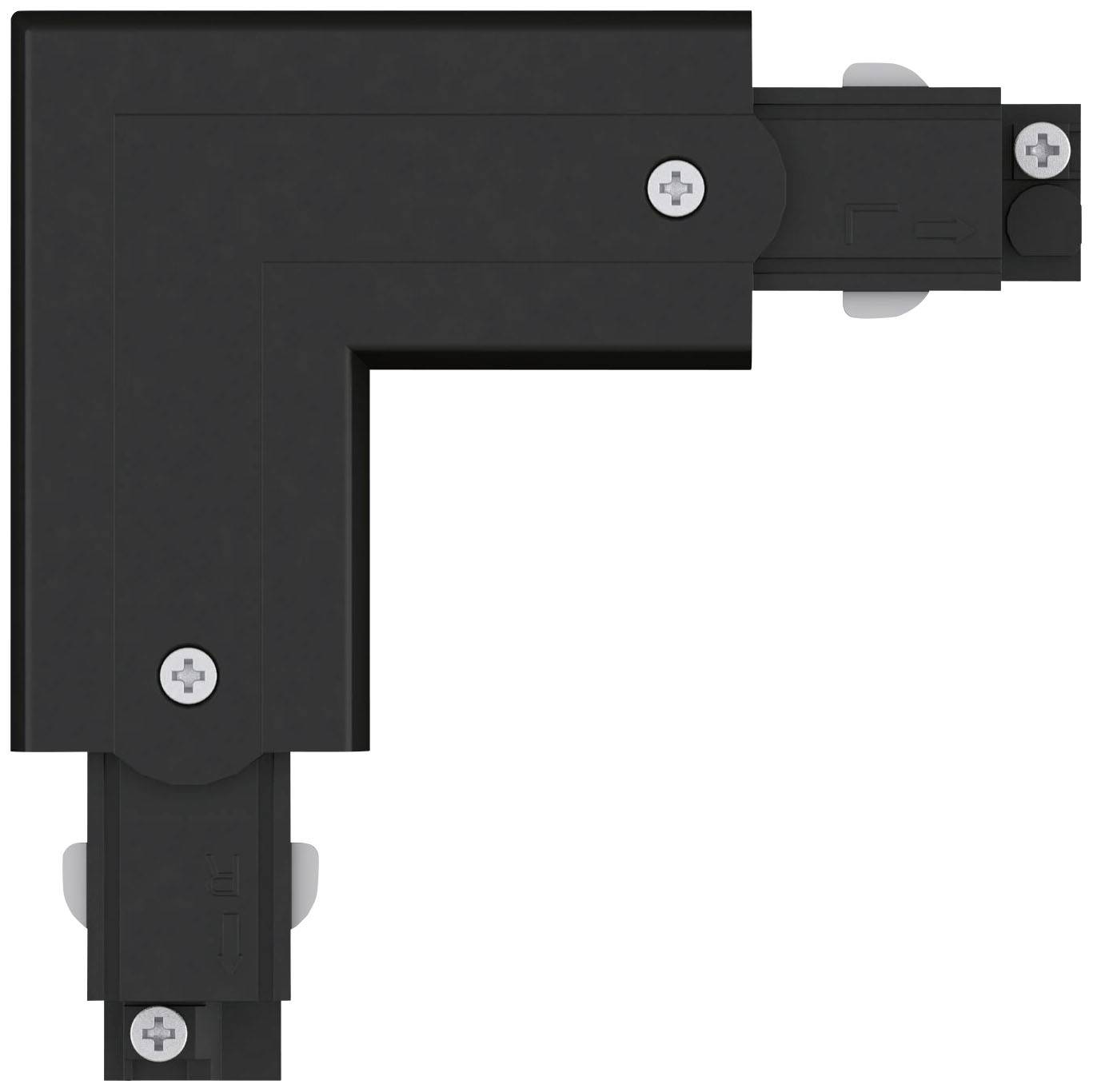 Czarny złącz elektryczny w kształcie litery L z widocznymi śrubami, przeznaczony do stosowania w systemie szyn prądowych.