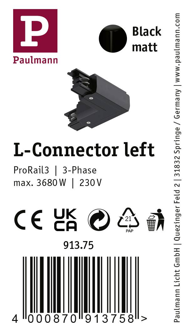 Złącze L-Connector lewe dla ProRail3, 3-fazowe, maks. 3680 W, 230 V. Powierzchnia matowa, czarna. Numer artykułu: 913.75.