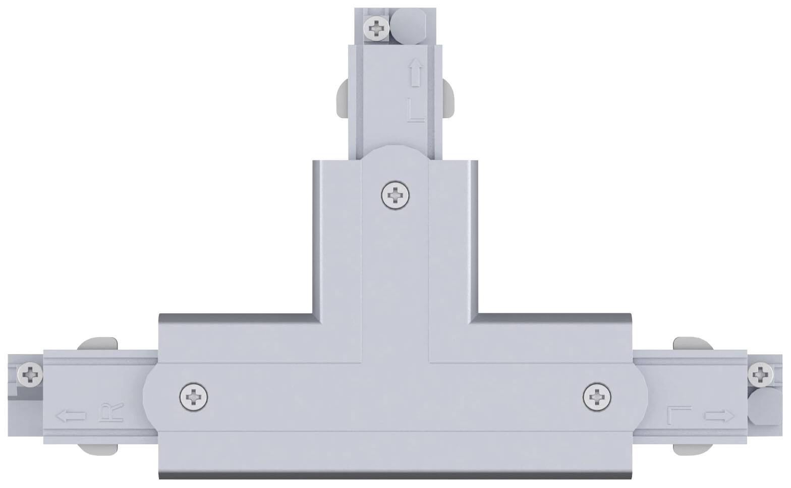 Szary, kształtem przypominający literę T element łączący z śrubami w narożnikach. Wygląda na element systemu mocującego.