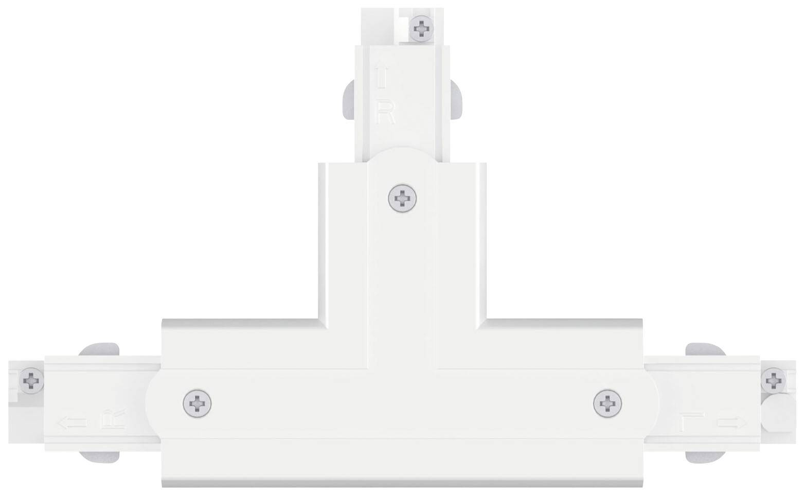 Biały łącznik T do systemu szynowego, pokazujący punkty połączeń i śruby do instalacji.