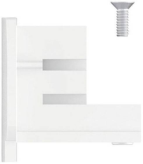 Biały kątownik prosty z nacięciami i śrubą, prawdopodobnie element zestawu montażowego lub wspornika.