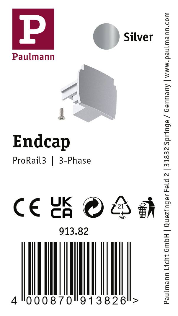 Obudowa na zaślepki Paulmann w kolorze srebrnym, odpowiednia dla szyn ProRail3, szyn trójfazowych. Zawiera oznaczenia CE i UKCA.