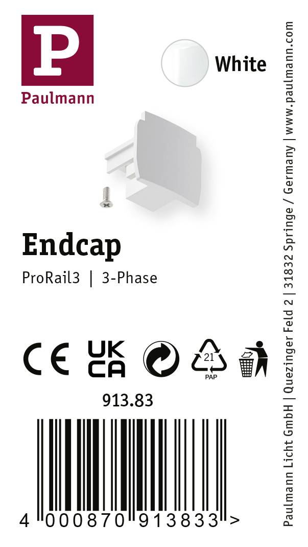 'Endkappe' do systemu szynowego ProRail3, kolor biały. Kod produktu: 913.83. Posiada certyfikacje CE i UKCA. Producent: Paulmann Licht GmbH.
