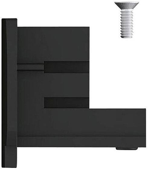 Czarny element w kształcie litery L z wkrętem w górnym prawym rogu. Prawdopodobnie służy do mocowania lub montażu w zastosowaniach technicznych.