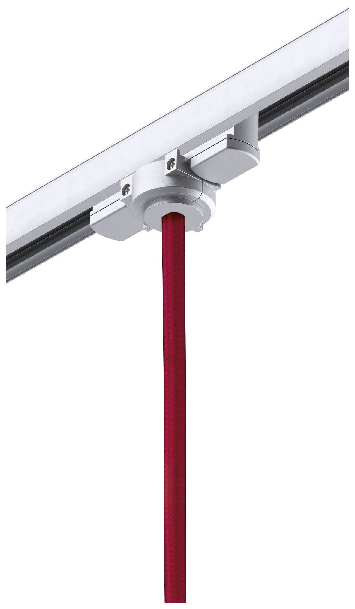 Sufitowy system szynowy z czerwonym, pionowo zawieszonym elementem świetlnym na przewodzie.