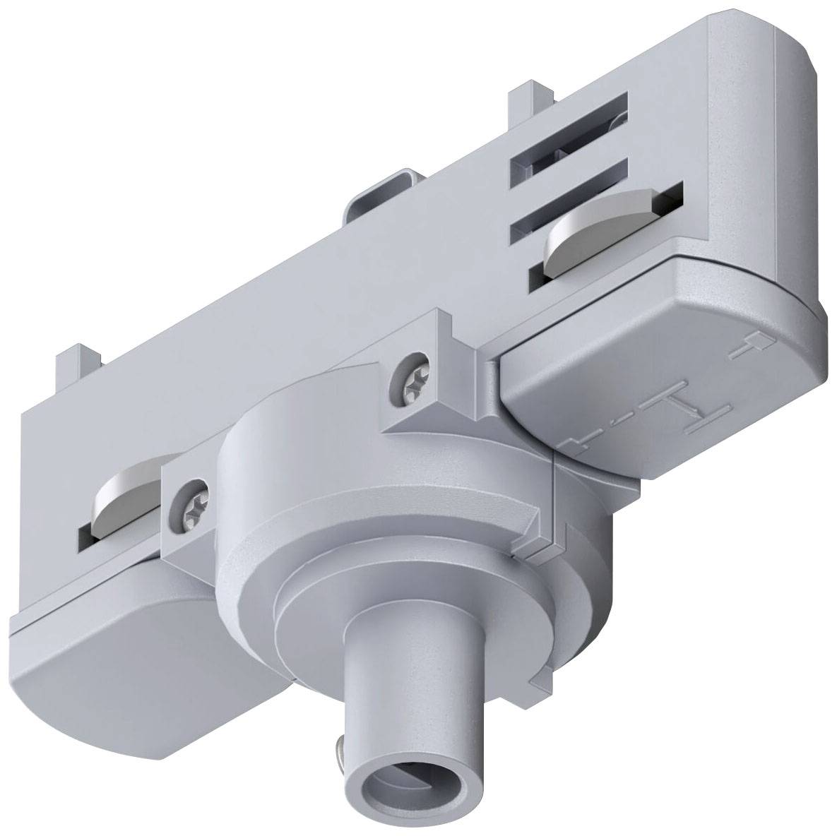 Srebrny, prostokątny element łączący wykonany z tworzywa sztucznego, posiadający cylindryczne złącze od spodu oraz dwa zatrzaski po bokach.