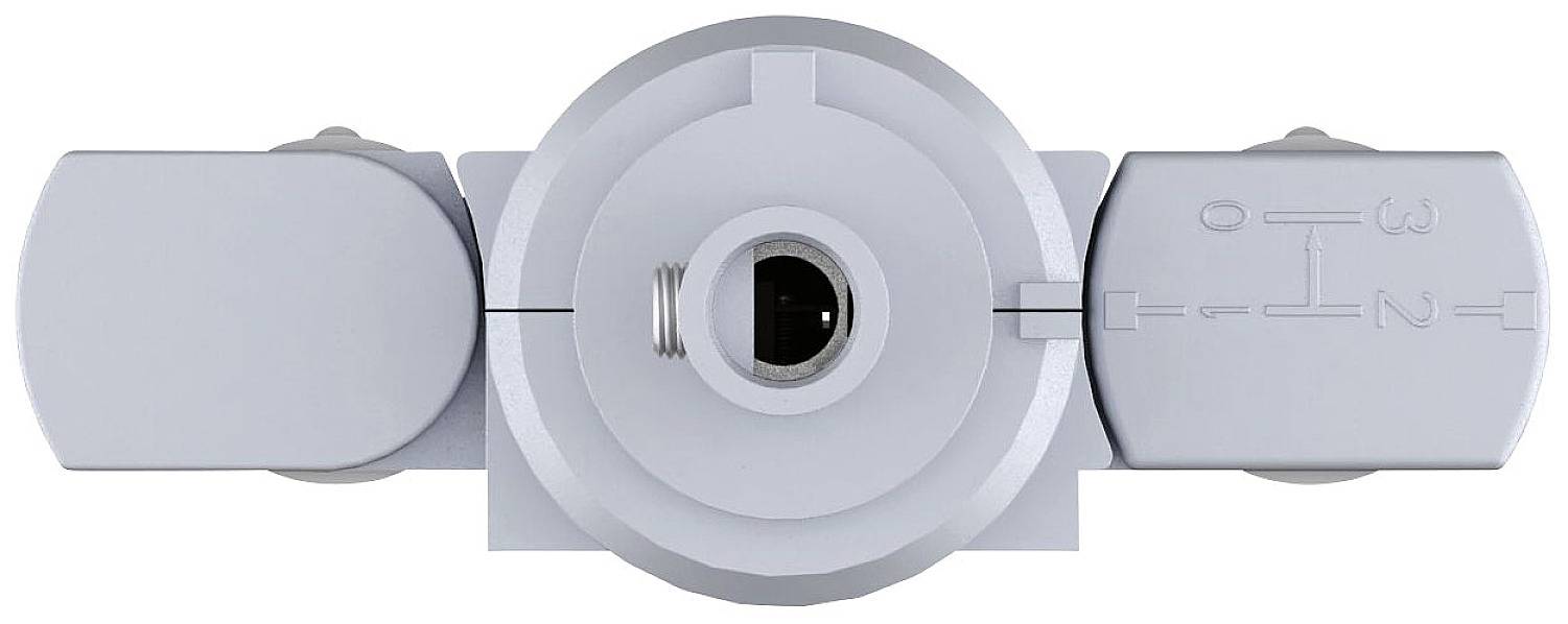 Szary elektryczny przełącznik trójpozycyjny, ponumerowany od 0 do 2. Przełącznik jest umieszczony centralnie z dwoma bocznymi osłonami.