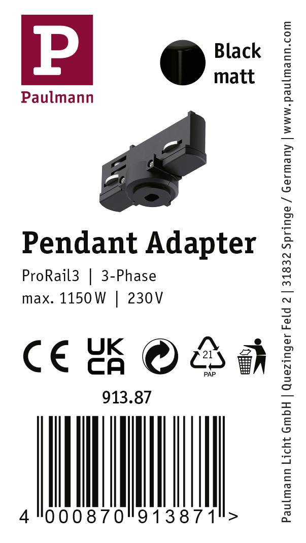 'Adapter zawieszeniowy Paulmann, ProRail3, 3-fazowy, maks. 1150W, 230V, czarny mat. Oznaczenie CE i UKCA.'
