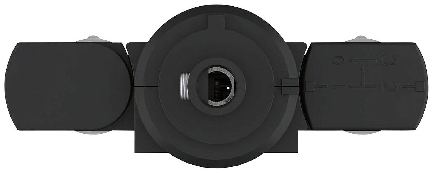 'Widok z góry czarnego elektrycznego przełącznika z centralnym pokrętłem i bocznymi elementami łączącymi.'