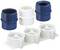 Pięć adapterów z tworzywa sztucznego w kolorze niebieskim i białym, stosowanych do montażu lub łączenia w zastosowaniach technicznych. Trzy z nich są połączone ze sobą.
