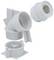 Trzy białe plastikowe złączki śrubowe do rur w różnych ujęciach i pozycjach, nadające się przede wszystkim do instalacji sanitarnych.