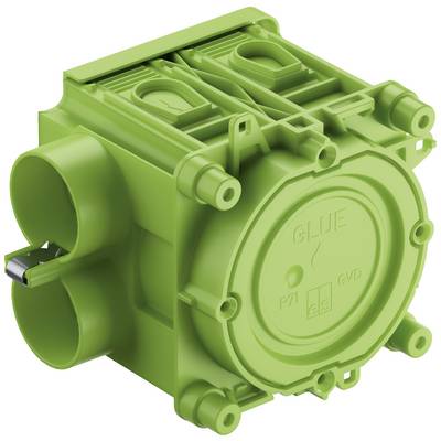 Zielona plastikowa puszka instalacyjna z wieloma otworami na przewody, powszechnie stosowana w instalacjach elektrycznych w ścianach budynków.