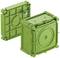 Zielony, kwadratowy plastikowy korpus z dodatkową pokrywą, stosowany jako obudowa lub osłona w zastosowaniach elektrycznych.