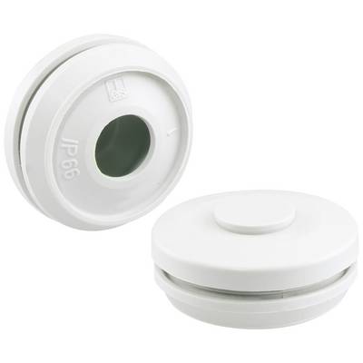 Dwie białe plastikowe dławnice kablowe, jedna ukazana w pozycji poziomej, a druga w pionowej, odpowiednie do zastosowań IP66.