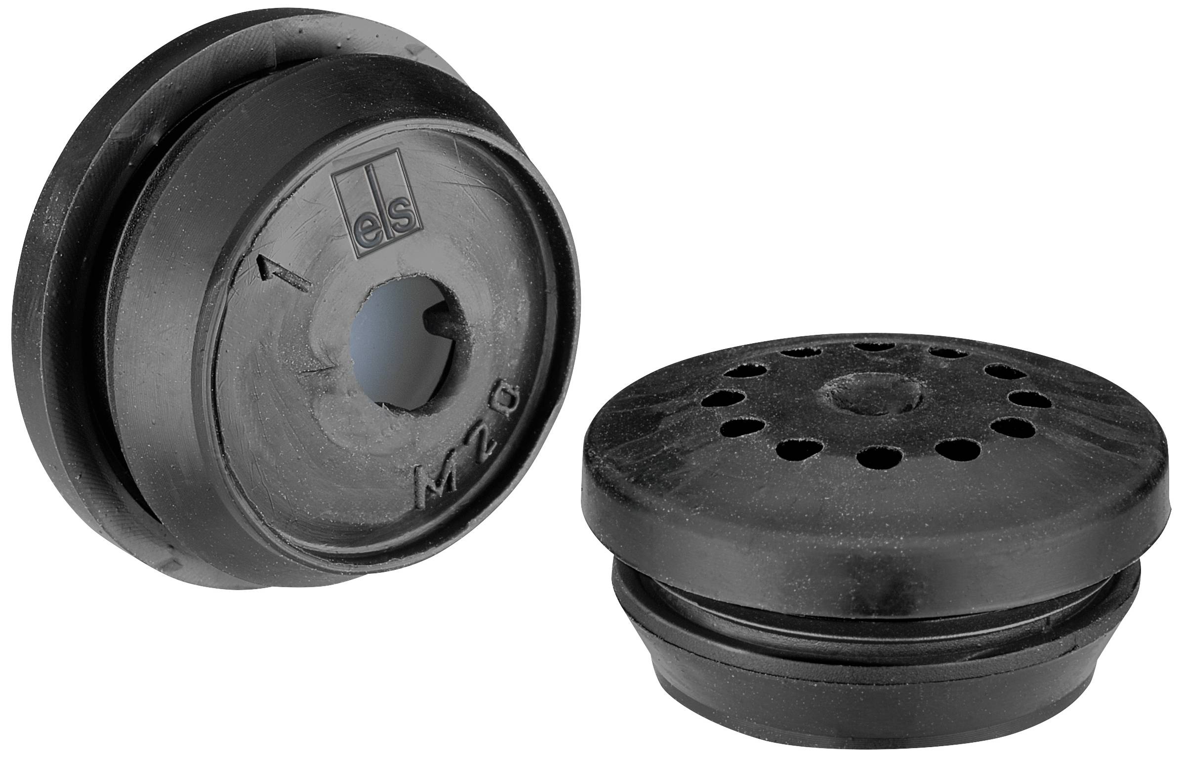 Dwa czarne plastikowe korki, jeden z centralnym otworem, drugi z kilkoma małymi otworami, prawdopodobnie do wentylacji.