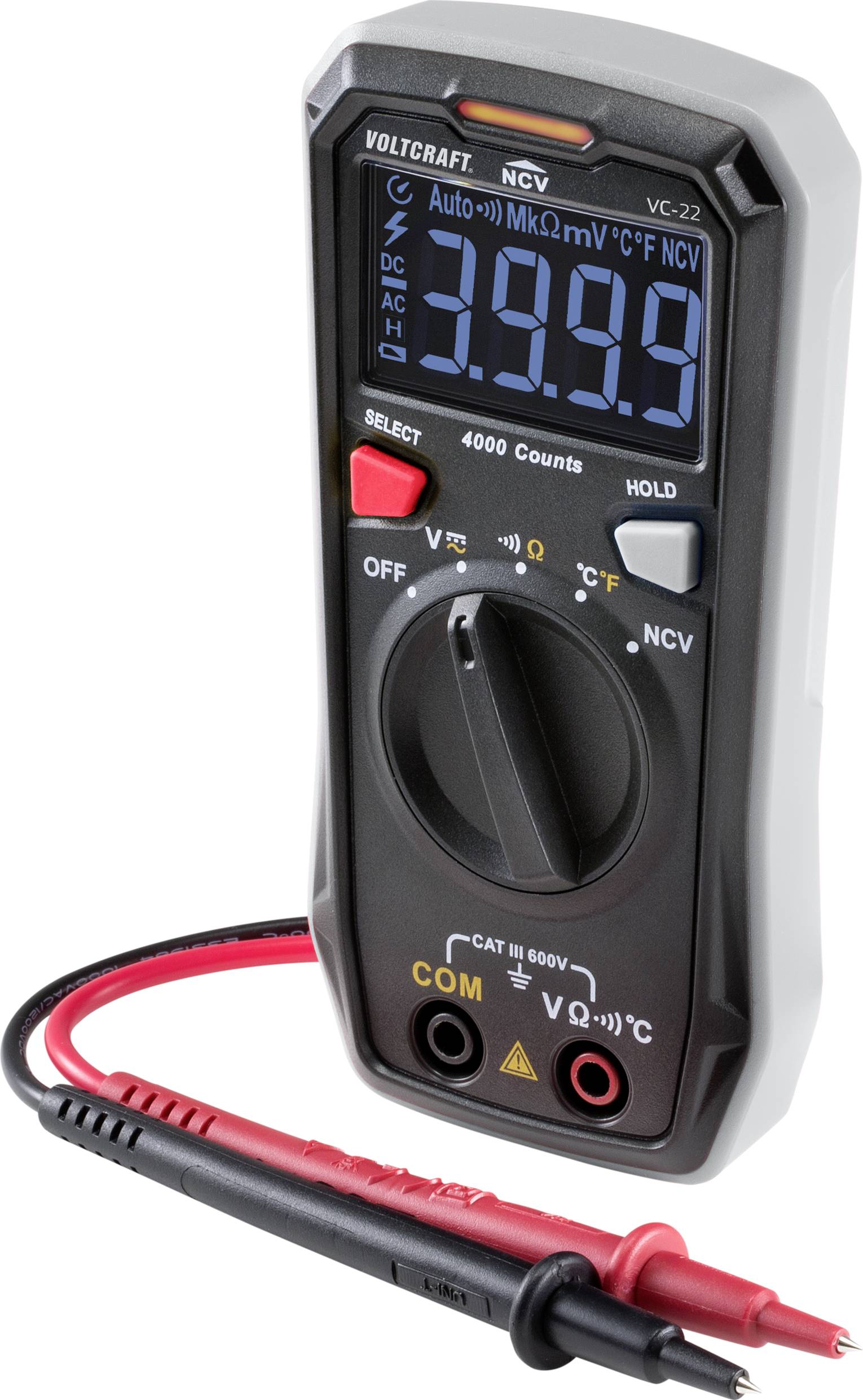 Cyfrowy multimetr z wyświetlaczem do pomiaru napięcia i rezystancji. Podłączone są czarne i czerwone przewody pomiarowe.