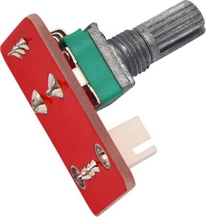 Czerwony, kwadratowy element rezystancyjny z metalowymi gwintami i metalowymi stykami, prawdopodobnie będący częścią urządzenia elektronicznego.