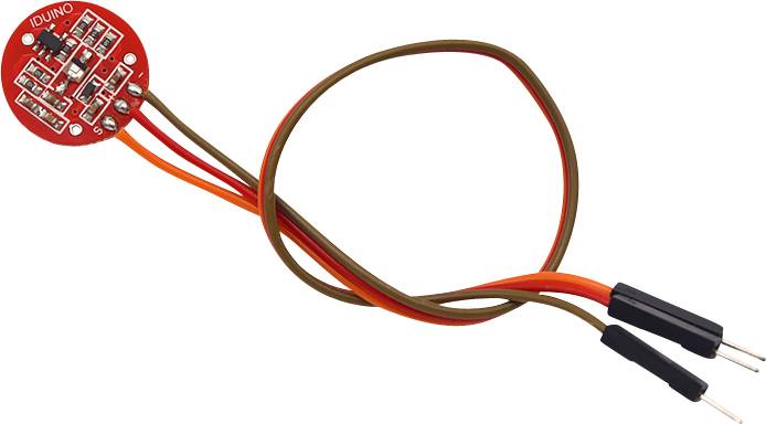 Okrągły, czerwony czujnik Arduino z wieloma komponentami i trzema podłączonymi przewodami. Odpowiedni do elektronicznych projektów majsterkowiczów.