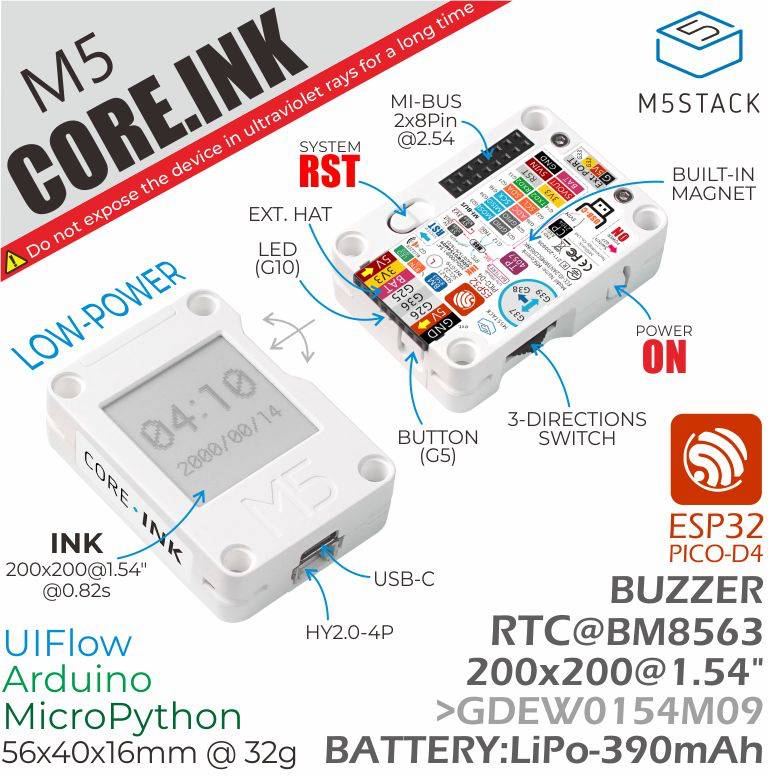 Urządzenie 'CORE.INK' M5, widok z przodu i tyłu: wyświetlacz E-Ink, ESP32 Pico-D4, rozdzielczość 200x200, bateria: LiPo-390mAh, UIFlow, Arduino, MicroPython.