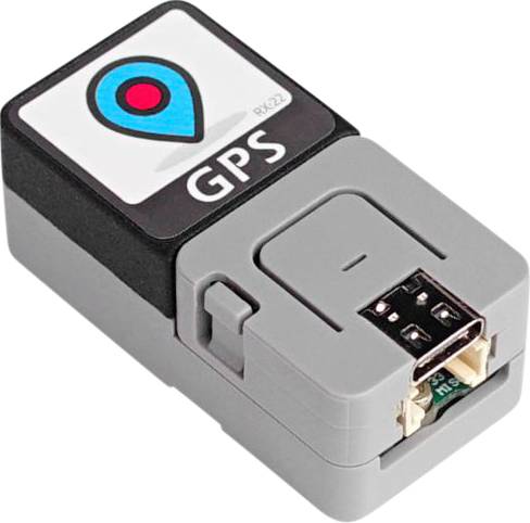 Mały, prostokątny moduł GPS z gniazdem USB i nadrukowanym symbolem lokalizacji oraz napisem 'GPS'.