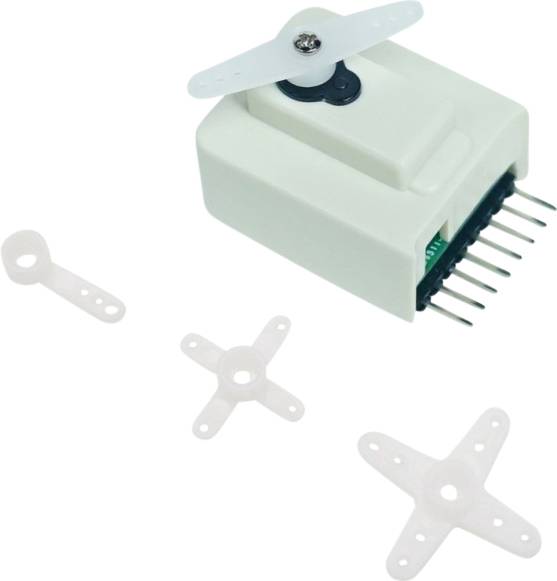 Przedstawiono biały silnik przekładniowy z plastikowymi kołami zębatymi i metalowymi kołkami, towarzyszą mu trzy różne nasadki.