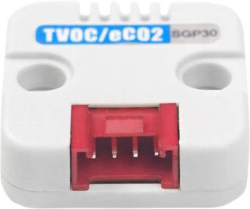 Prostokątny czujnik z napisem 'TVOC/eCO2 SGP30', w szarej obudowie z czerwonym złączem. Służy do pomiaru jakości powietrza.