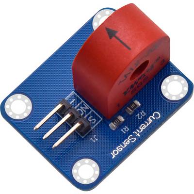 Niebieski czujnik prądu z czerwonym, półkolistym elementem i trzema metalowymi pinami. Na płytce drukowanej oznaczony napisem 'Current Sensor'.