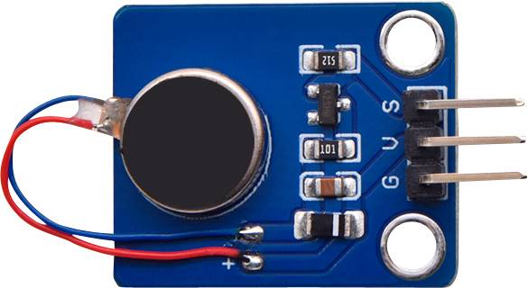 Moduł czujnika z czterema elementami elektronicznymi na niebieskiej płytce drukowanej, w tym pinami oznaczonymi jako 'G', 'V', 'S'.