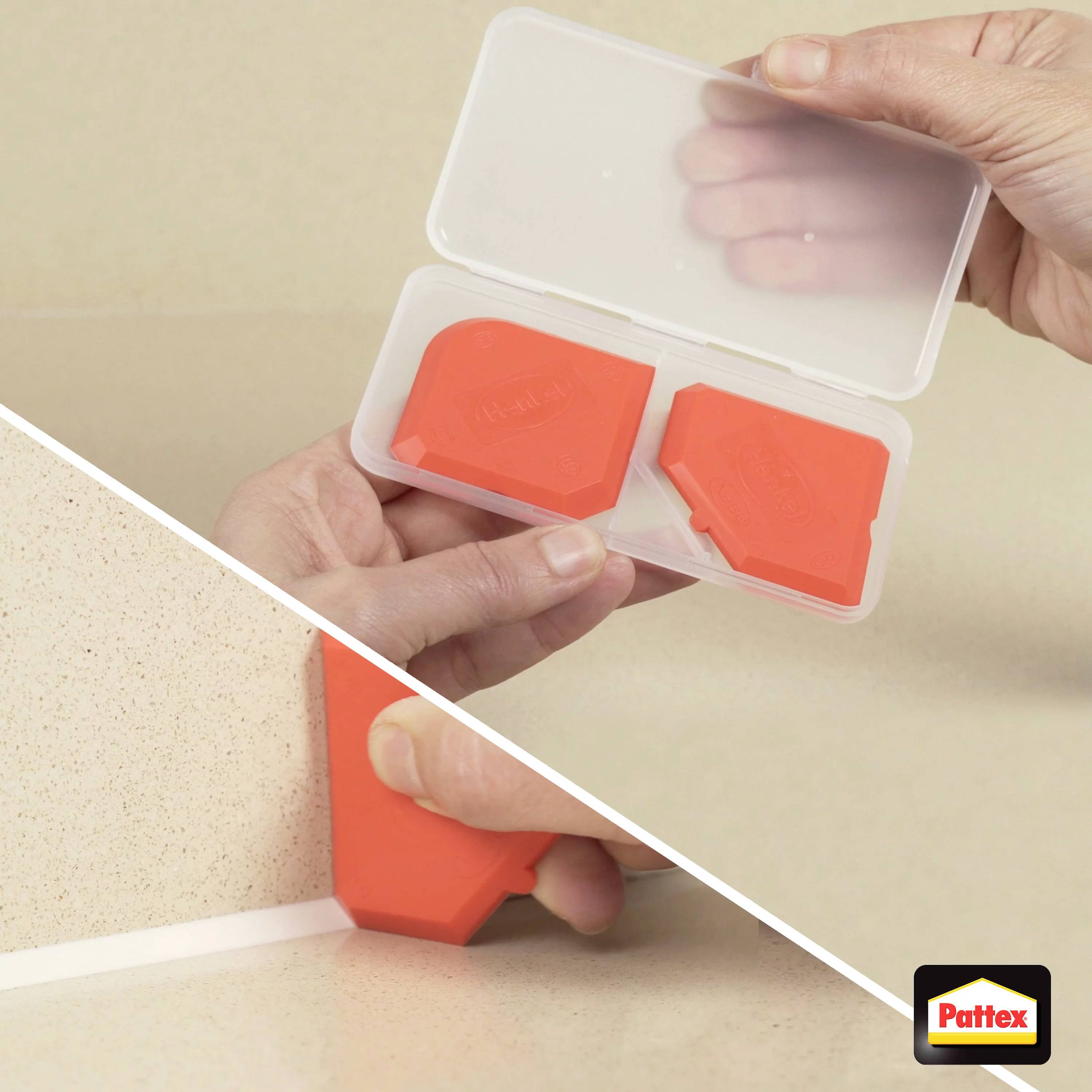 Ręka trzyma zestaw pomarańczowych narzędzi do wyrównywania fug w przezroczystym pudełku. Poniżej przedstawiono ich zastosowanie do wygładzania spoin.