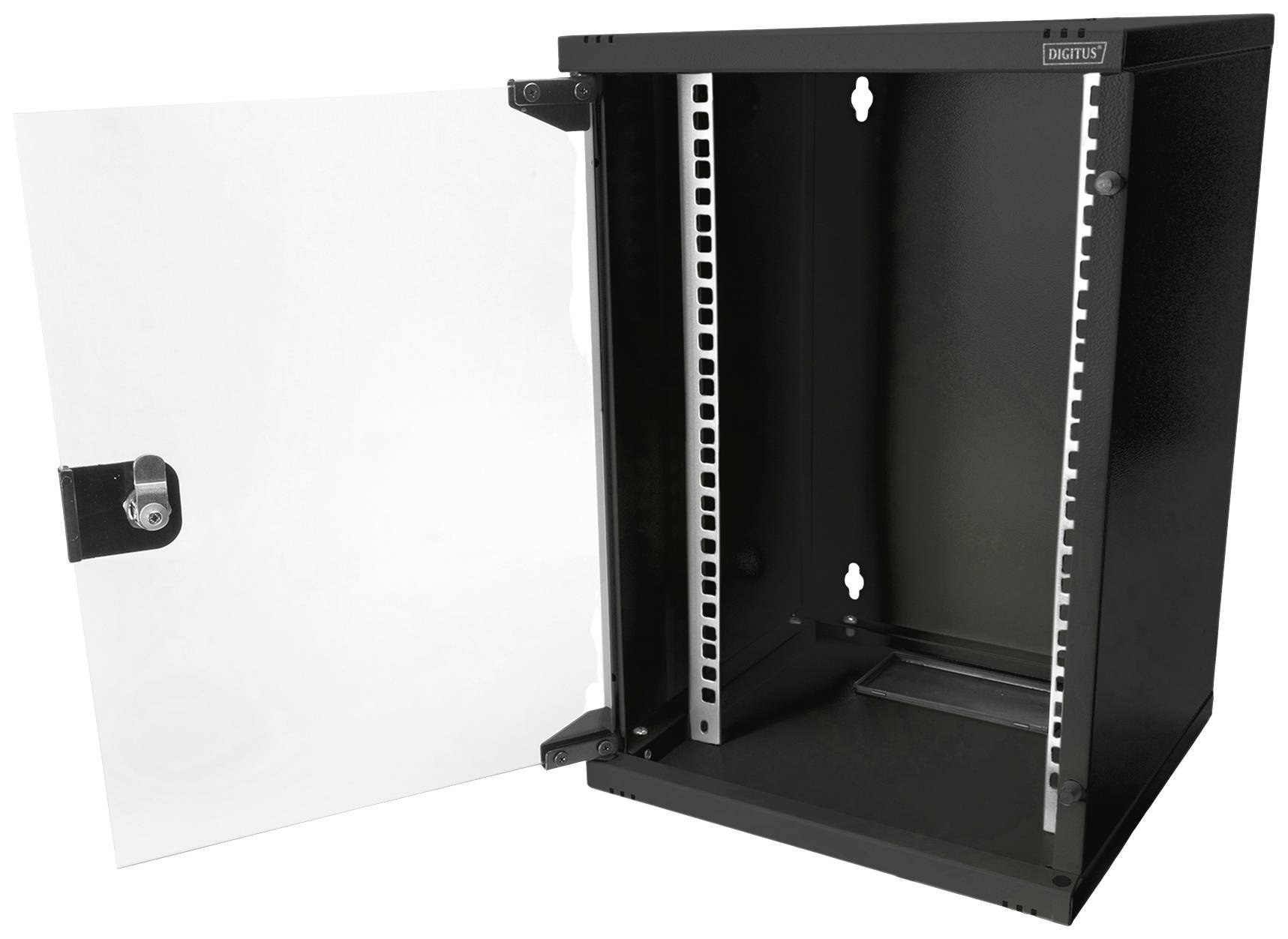 Czarny, naścienny szafa sieciowa z otwartymi drzwiami szklanymi, prezentująca pusty wnętrze z szynami montażowymi do wyposażenia sieciowego.