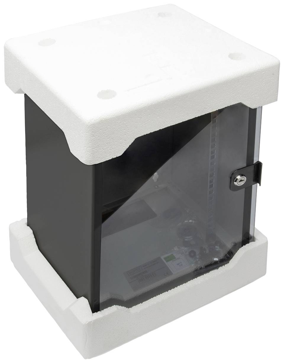 Czarny szafka elektroniczna z przezroczystą przednią ścianką i białymi krawędziami styropianowymi. Widoczne drzwi z zamkiem.