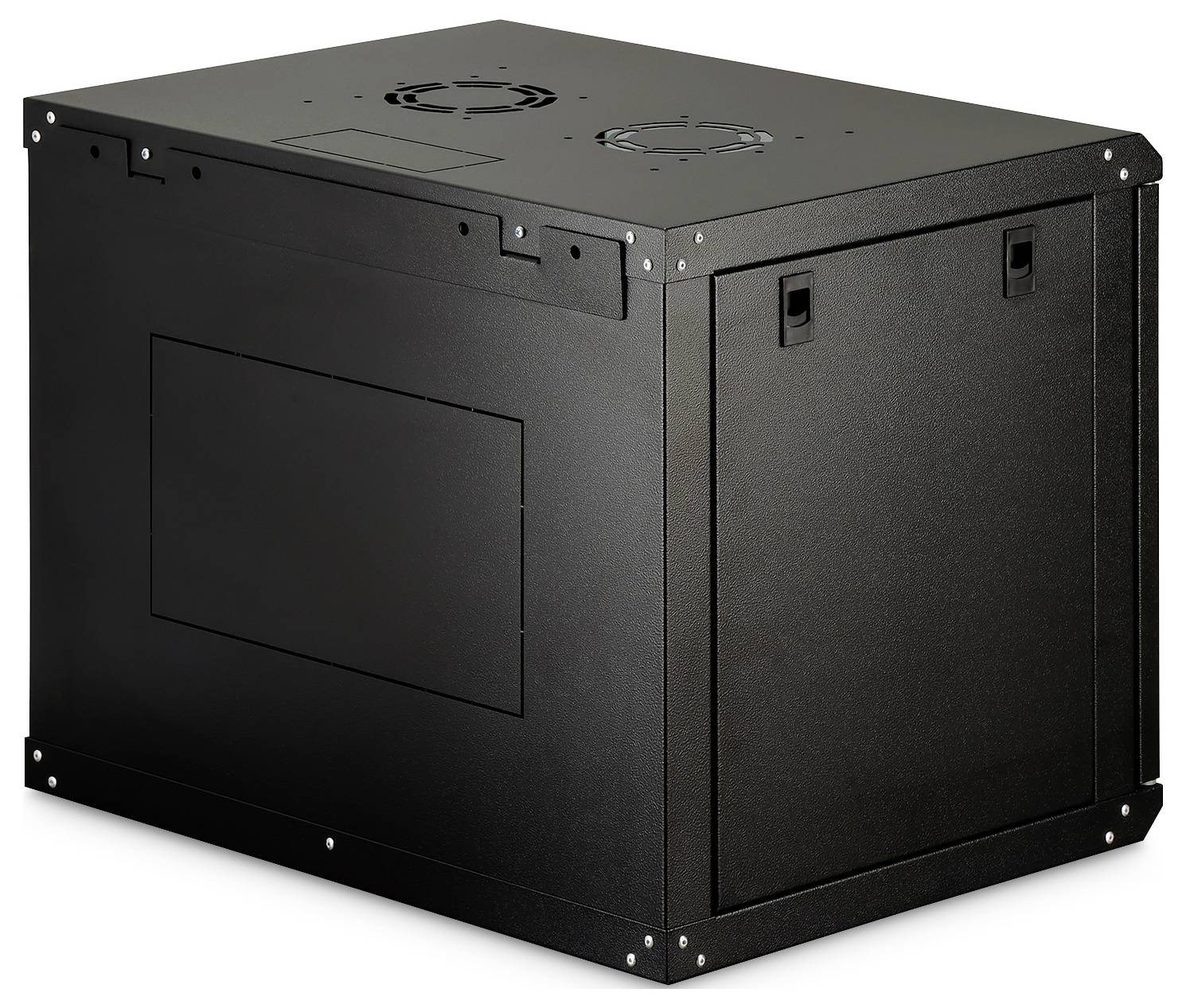 Czarna szafa serwerowa, widziana pod kątem, z zamkniętymi bokami i wentylatorem na górze, sugerująca zastosowanie w środowiskach zarządzania danymi.
