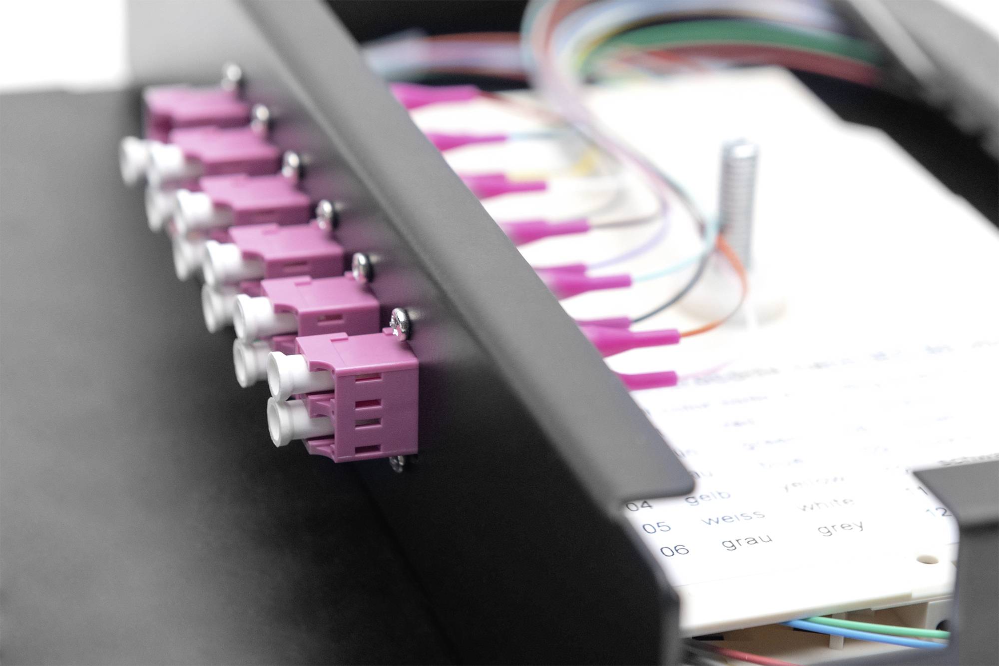 Zbliżenie pola przyłączeniowego światłowodu z wieloma różowymi złączami i kolorowymi kablami zamocowanymi w czarnej obudowie.