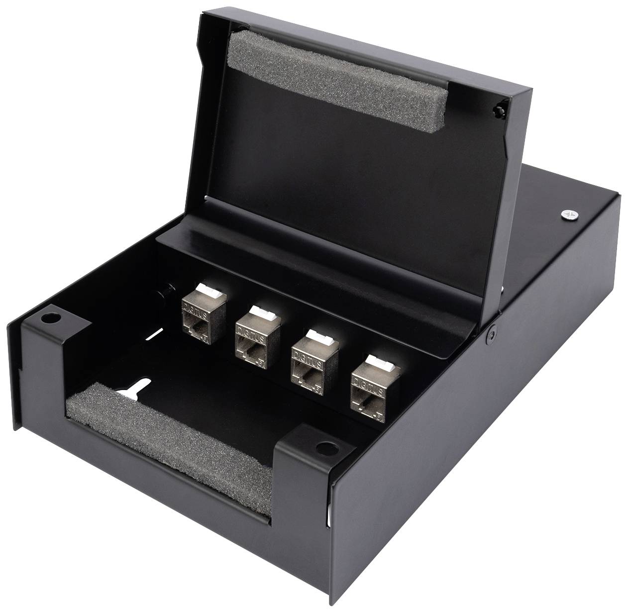 Czarna, prostokątna obudowa z otwartą pokrywą, cztery gniazda Ethernet wewnątrz, wyłożona pianką ochronną na krawędziach, prawdopodobnie skrzynka dystrybucyjna.