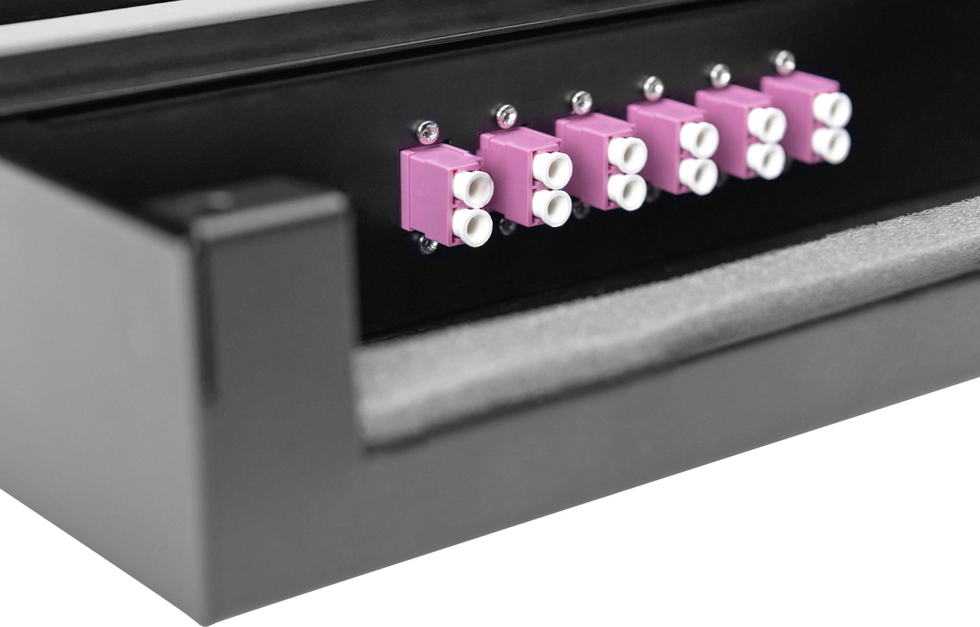 Sześć różowych złączek światłowodowych w czarnej jednostce obudowy, gotowych do podłączenia do sieci.