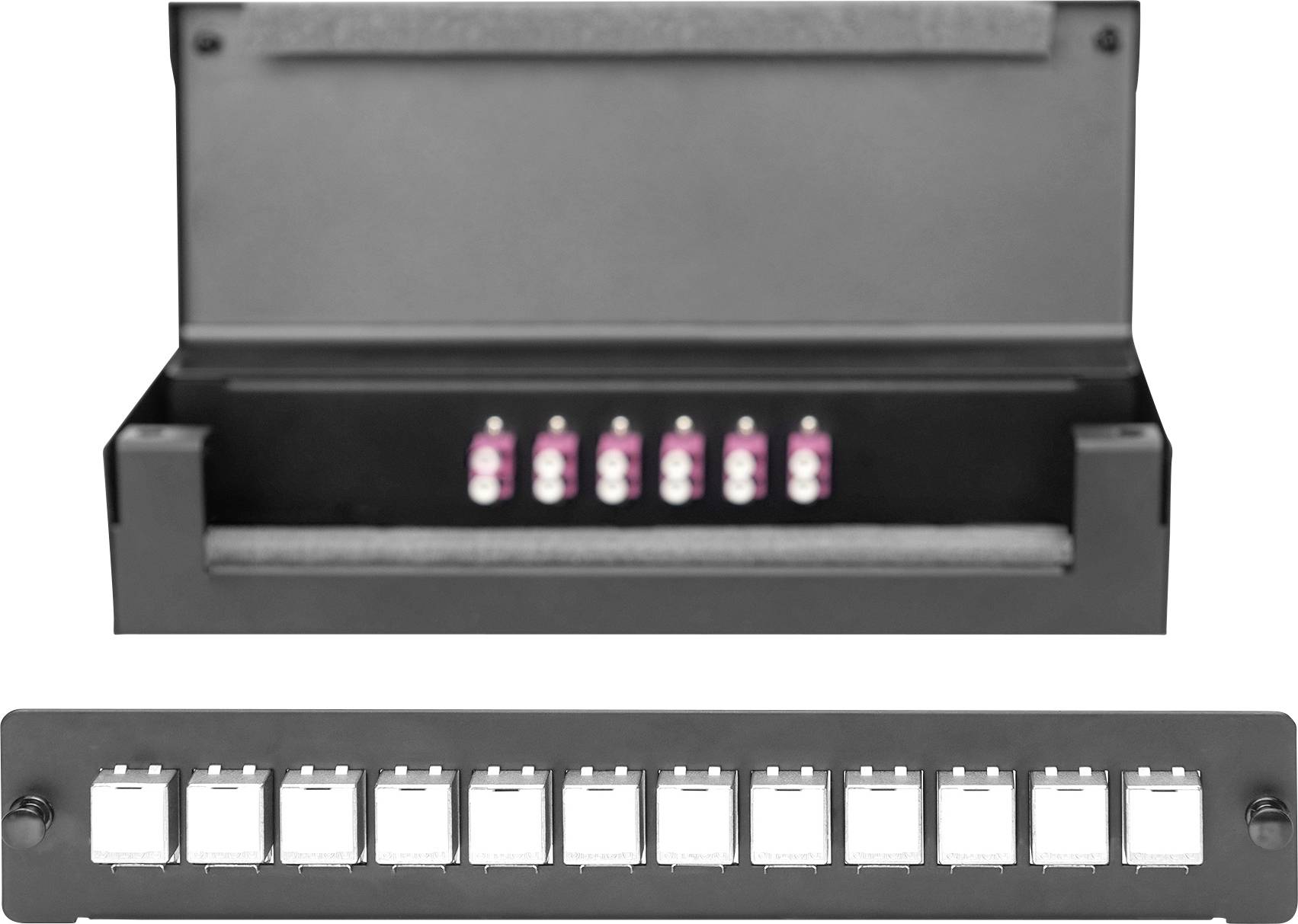 Czarna obudowa z pięcioma różowymi portami światłowodowymi wewnątrz oraz dziesięcioma pustymi portami frontowymi u dołu. Odpowiednia do prowadzenia okablowania sieciowego.