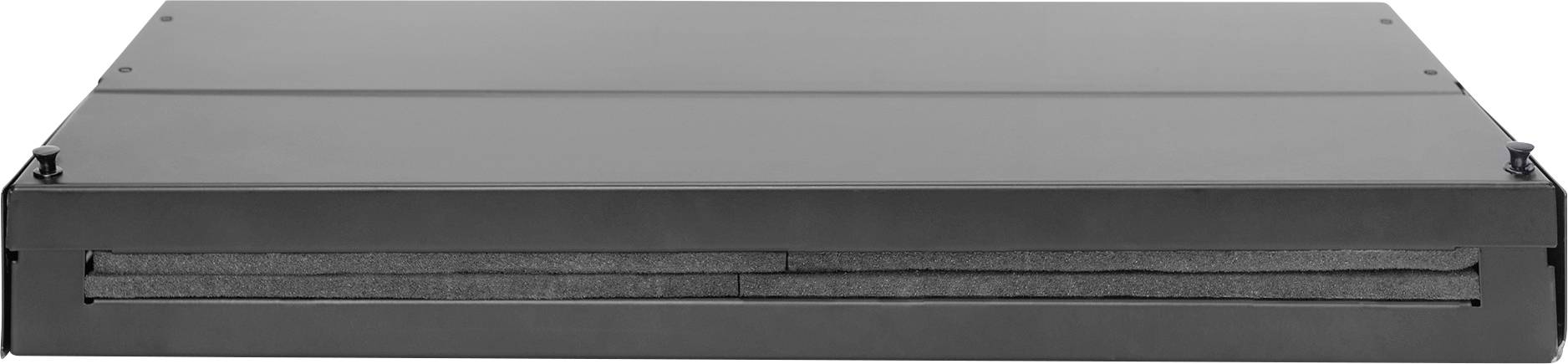 Okap kuchenny w nowoczesnym, czarnym designie, sfotografowany z przodu.