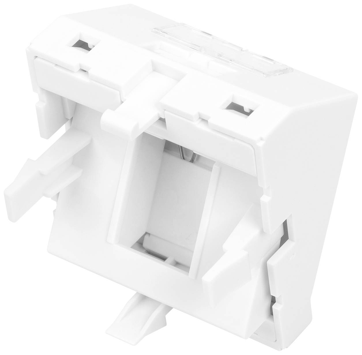 Biała plastikowa rama mocująca do modułów, wyposażona w elementy mocujące oraz wycięcia pod złącza elektryczne.