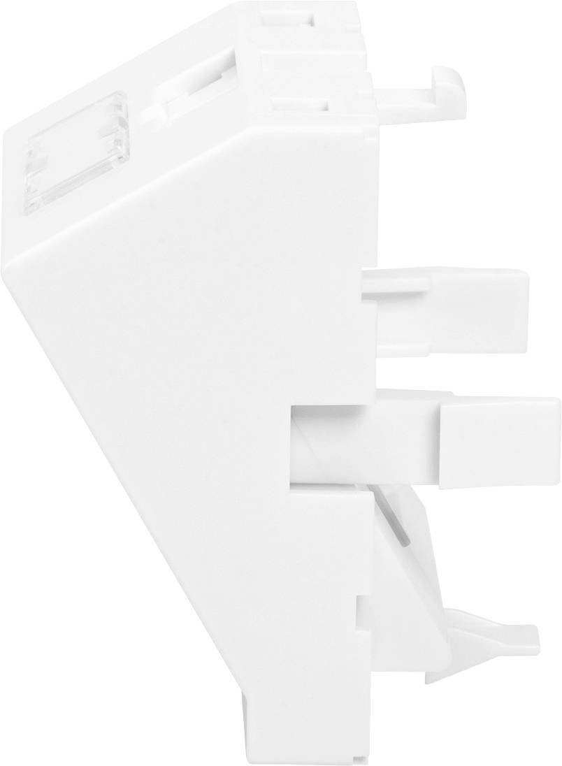 Wtyk z tworzywa sztucznego widziany z boku, z dwoma prostokątnymi złączami i elementem haczykowatym. Białosiwa obudowa z tworzywa sztucznego.