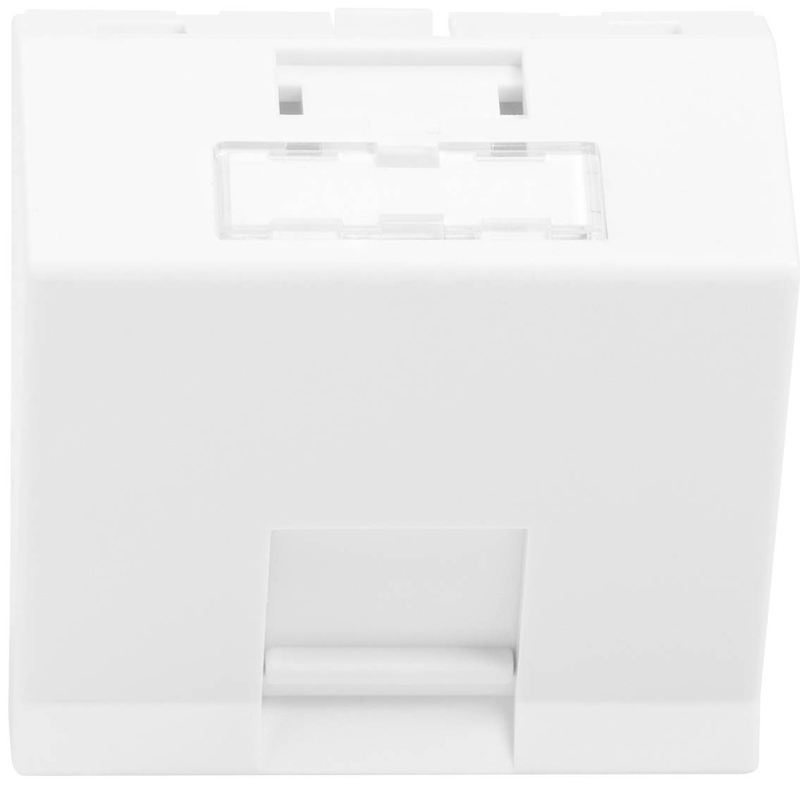 Biały, prostokątny wtyk lub adapter z tworzywa sztucznego z otworem górnym i dolnym, prawdopodobnie do połączeń elektrycznych.