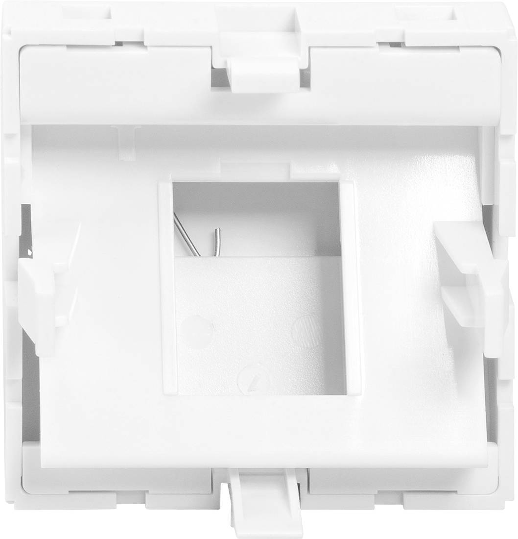 Biała plastikowa rama z prostokątnym wycięciem pośrodku, prawdopodobnie część osłony gniazdka lub włącznika.